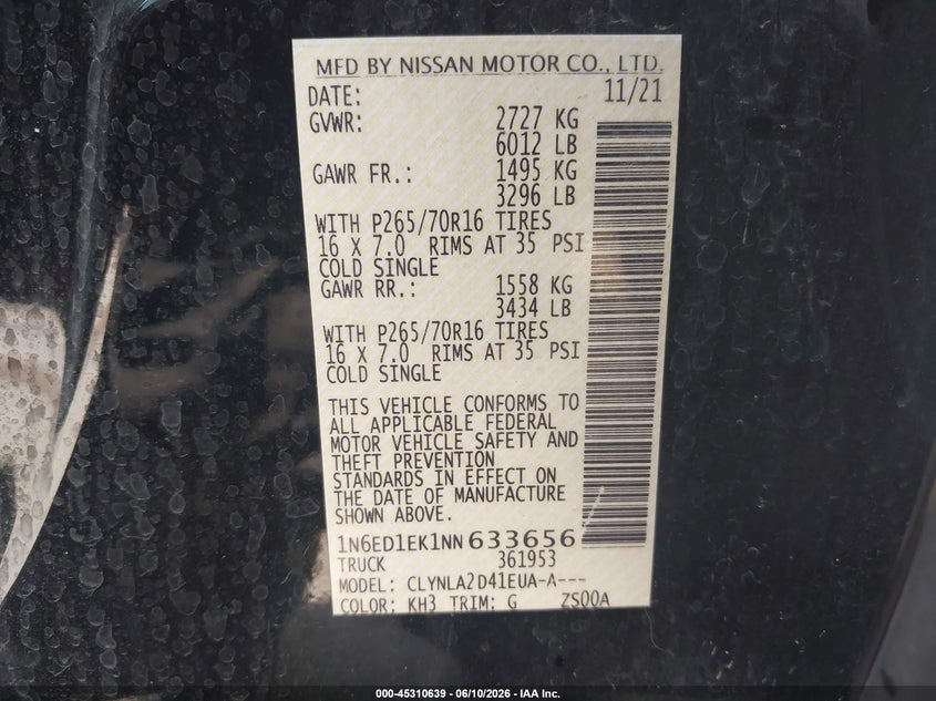 2022 Nissan Navara (frontier) VIN 1N6ED1EK1NN633656 IAAI salvage auction — FRONT END, Junk Bill Of Sale Mv2459 (Wisconsin), sold $5,100 on 2026-07-09 (photo 9)