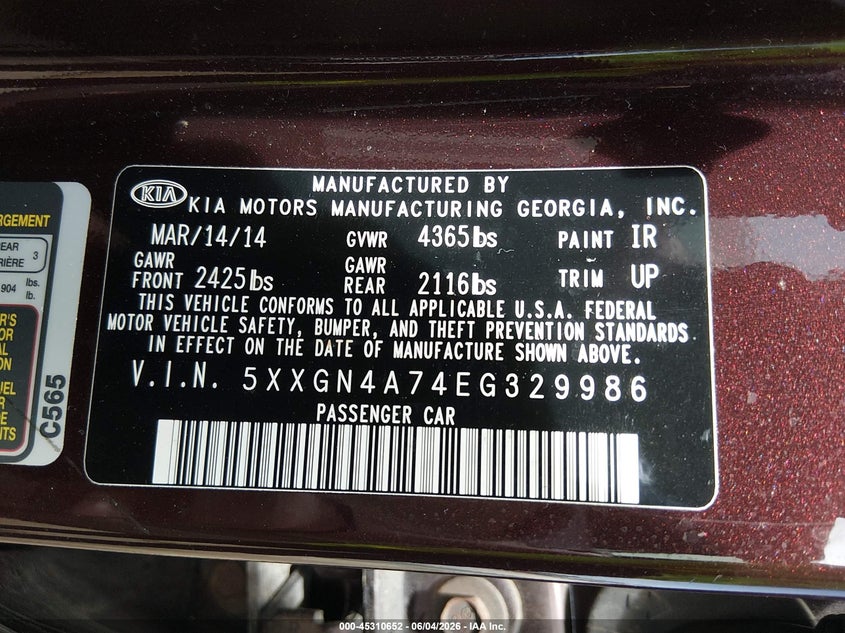 2014 Kia Optima VIN 5XXGN4A74EG329986 IAAI salvage auction — FRONT END, Salvage Title, sold $250 on 2026-07-20 (photo 9)