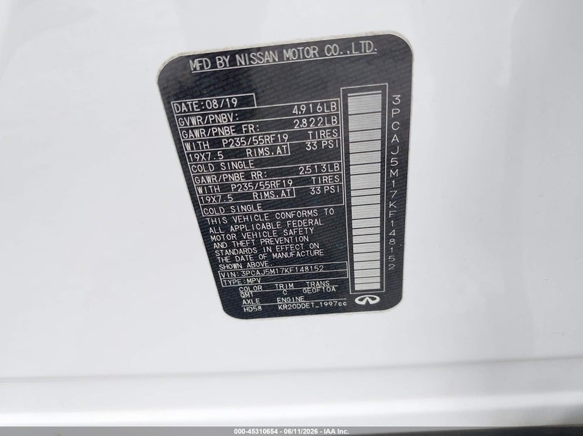 2019 Infiniti Qx50 VIN 3PCAJ5M17KF148152 IAAI salvage auction — REAR END, Original (Texas), sold $5,200 on 2026-07-31 (photo 9)