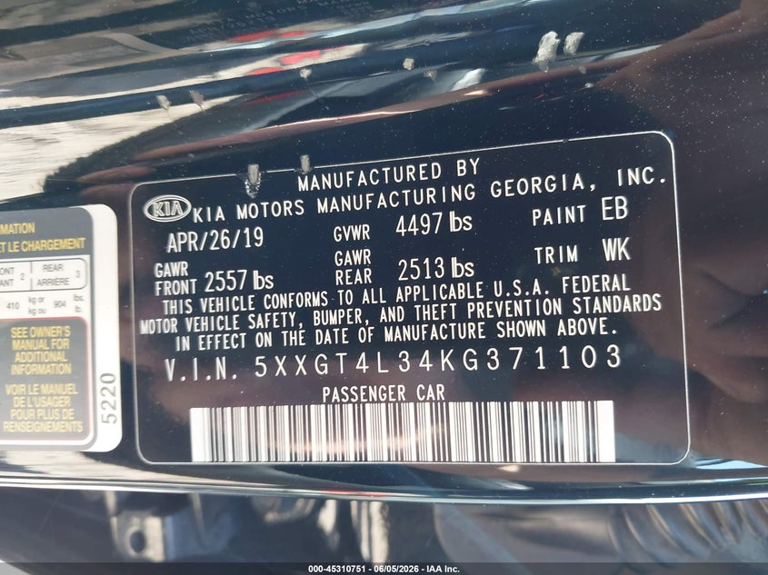 2019 Kia Optima VIN 5XXGT4L34KG371103 IAAI salvage auction — LEFT REAR, Salvage Title, sold $1,400 on 2026-07-21 (photo 9)