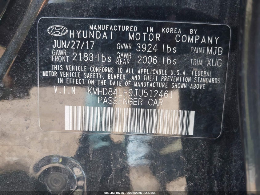 2018 Hyundai Elantra VIN KMHD84LF9JU512461 IAAI salvage auction — REAR END, Salvage (New Jersey), sold $2,250 on 2026-07-22 (photo 9)