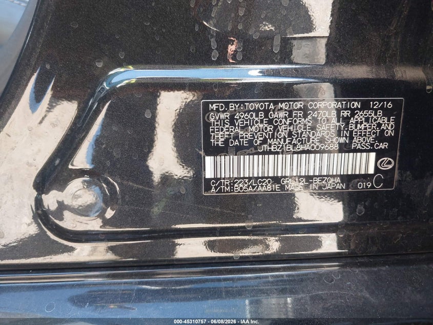 2017 Lexus Gs VIN JTHBZ1BL8HA009688 IAAI salvage auction — UNKNOWN, Salvage (Arizona), sold $1,500 on 2026-07-28 (photo 9)