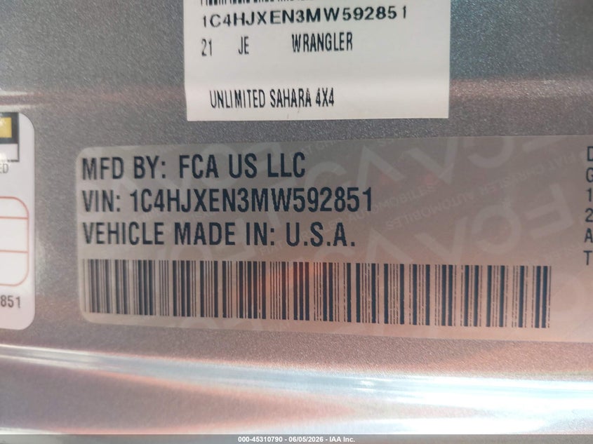 2021 Jeep Wrangler / VIN 1C4HJXEN3MW592851 IAAI salvage auction — FRONT END, Salvage Title, sold $8,100 on 2026-07-30 (photo 9)