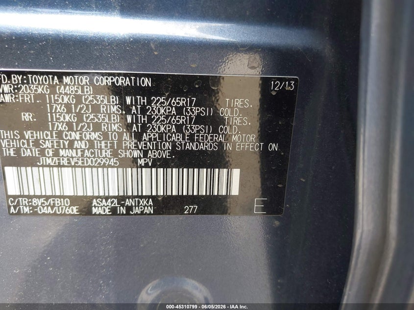 2014 Toyota Rav 4 VIN JTMZFREV5ED029945 IAAI salvage auction — FRONT END, Salvage - Greater Than 75% (Maryland), sold $3,150 on 2026-07-30 (photo 9)