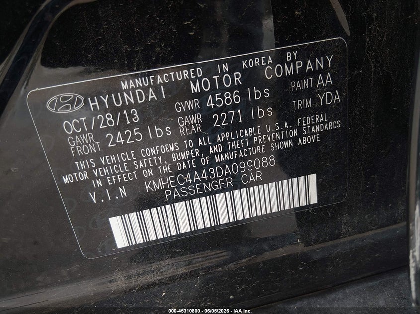 2013 Hyundai Sonata VIN KMHEC4A43DA099088 IAAI salvage auction — NORMAL WEAR, Salvage Title, sold $725 on 2026-07-20 (photo 9)