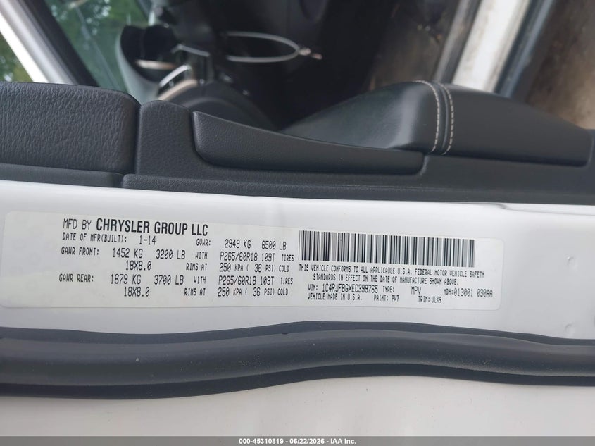 2014 Jeep Grand cherokee VIN 1C4RJFBGXEC399765 IAAI salvage auction — FRONT END, Salvage Title, sold $1,100 on 2026-08-01 (photo 9)