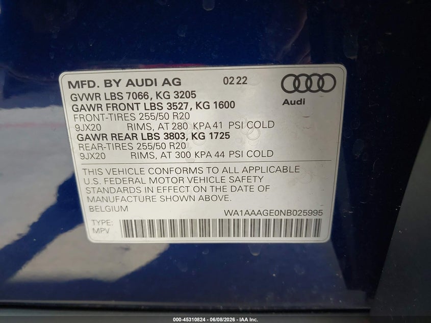 2022 Audi E-tron VIN WA1AAAGE0NB025995 IAAI salvage auction — FRONT END, Salvage Title, sold $8,200 on 2026-07-29 (photo 9)