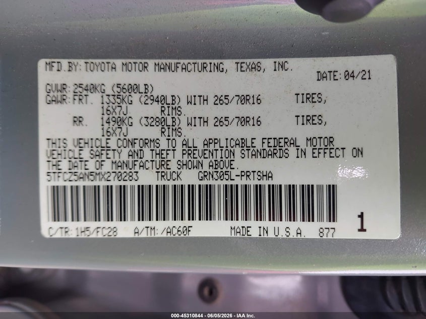 2021 Toyota Tacoma VIN 5TFCZ5AN5MX270283 IAAI salvage auction — NORMAL WEAR, Original (Texas), sold $20,150 on 2026-07-22 (photo 9)