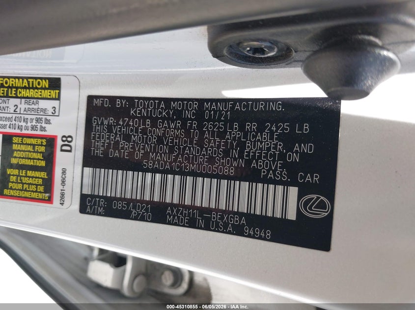 2021 Lexus Es 300h VIN 58ADA1C13MU005088 IAAI salvage auction — RIGHT FRONT, Salvage (California), sold $15,700 on 2026-07-22 (photo 9)