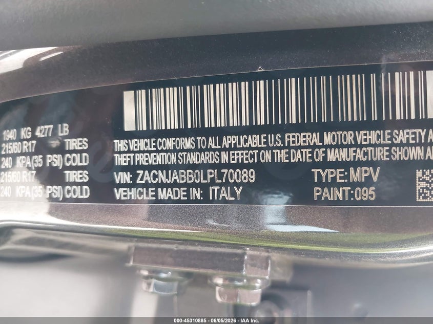 2020 Jeep Renegade VIN ZACNJABB0LPL70089 IAAI salvage auction — FRONT END, Original (Texas), sold $2,800 on 2026-08-13 (photo 9)