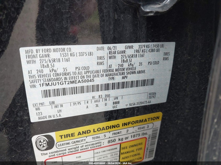 2021 Ford Expedition VIN 1FMJU1GT2MEA50045 IAAI salvage auction — NORMAL WEAR, Sf97 (Minnesota), sold $17,600 on 2026-07-20 (photo 9)