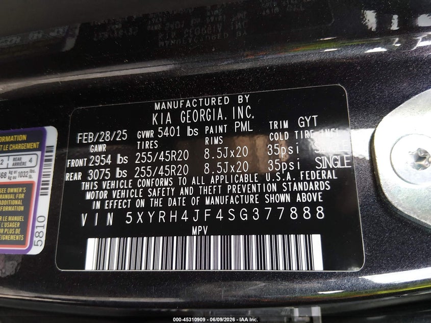 2025 Kia Sorento VIN 5XYRH4JF4SG377888 IAAI salvage auction — FRONT END, Salvage (South Carolina), sold $8,400 on 2026-08-02 (photo 9)
