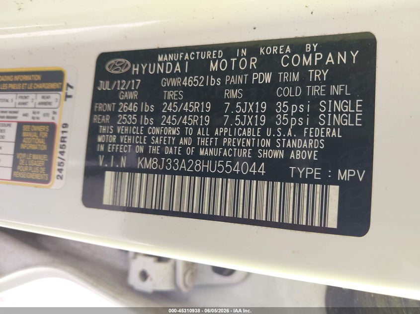 2017 Hyundai Tucson VIN KM8J33A28HU554044 IAAI salvage auction — NORMAL WEAR, Original (Texas), sold $2,950 on 2026-07-10 (photo 9)