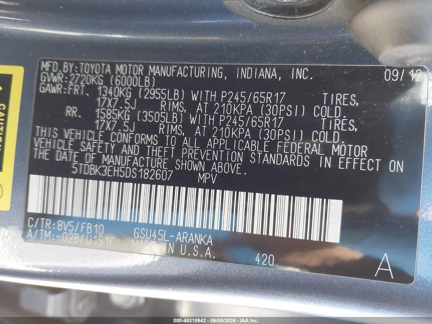 2013 Toyota Highlander VIN 5TDBK3EH5DS182607 IAAI salvage auction — FRONT END, Salvage Title, sold $1,750 on 2026-07-10 (photo 9)