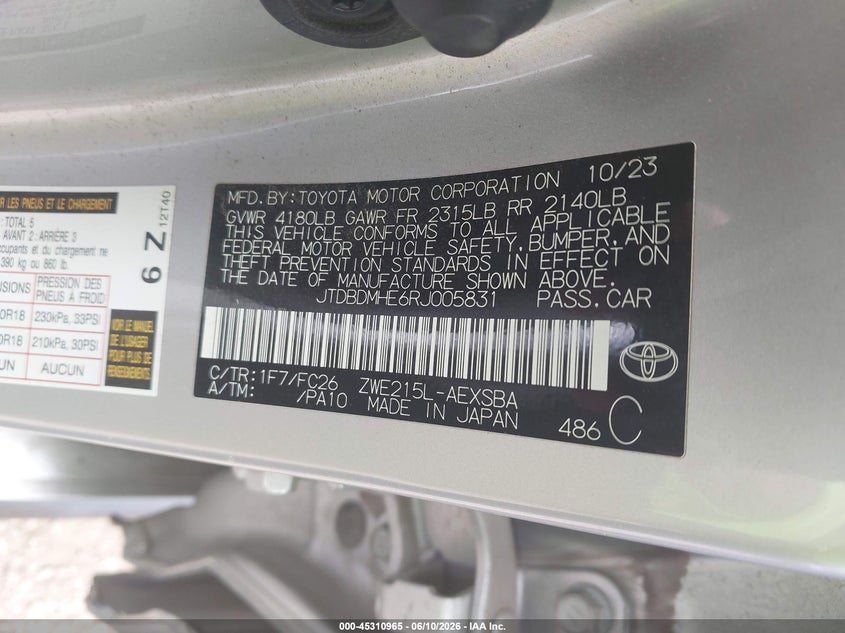 2024 Toyota Corolla VIN JTDBDMHE6RJ005831 IAAI salvage auction — SIDE, Bill Of Sale (Washington), sold $8,100 on 2026-07-18 (photo 9)