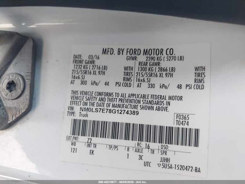 2016 Ford Transit connect VIN NM0LS7E78G1274389 IAAI salvage auction — NORMAL WEAR, Clear (New Jersey), sold $1,000 on 2026-07-07 (photo 9)