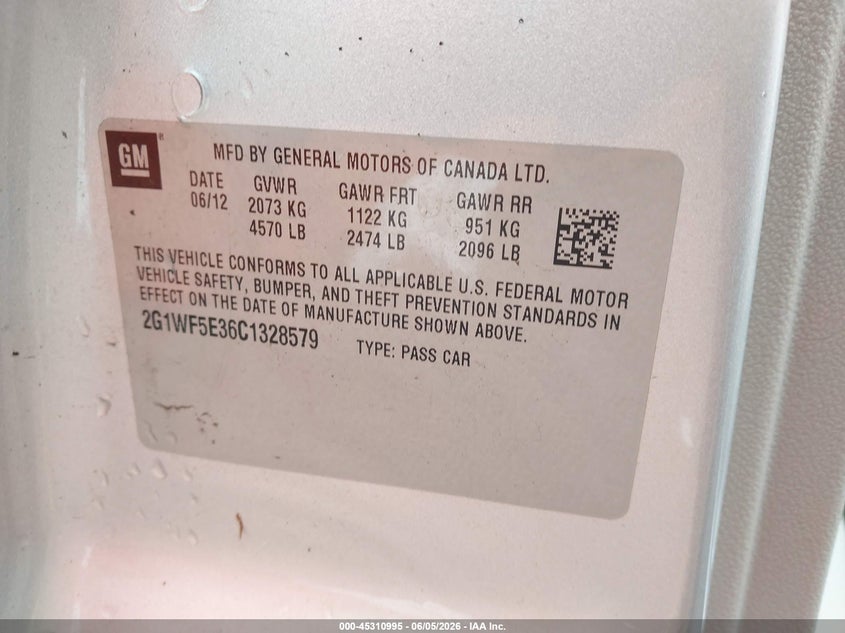 2012 Chevrolet Impala VIN 2G1WF5E36C1328579 IAAI salvage auction — LEFT FRONT, Salvage Title, sold $250 on 2026-07-09 (photo 9)
