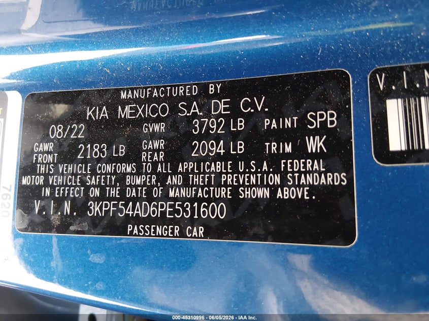 2023 Kia Forte VIN 3KPF54AD6PE531600 IAAI salvage auction — SIDE, Salvage Title, sold $2,750 on 2026-07-11 (photo 9)