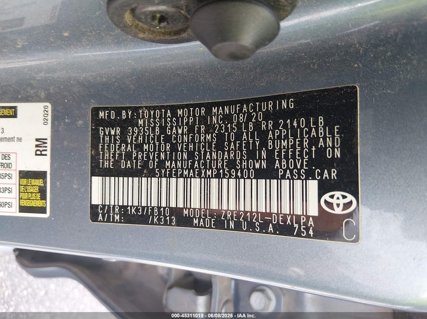 2021 Toyota Corolla VIN 5YFEPMAEXMP159400 IAAI salvage auction — FRONT END, Salvage Title, sold $2,050 on 2026-07-26 (photo 9)