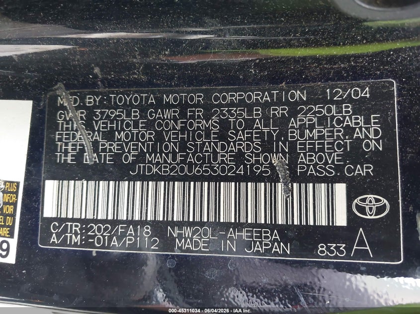 2005 Toyota Prius VIN JTDKB20U653024195 IAAI salvage auction — FRONT & REAR, Clear - Dealer Only (California), sold $425 on 2026-07-08 (photo 9)