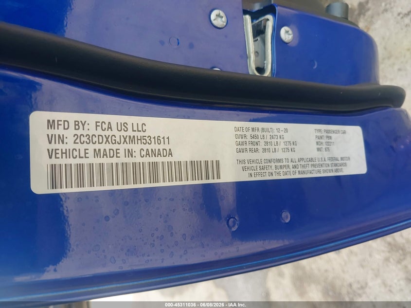 2021 Dodge Charger VIN 2C3CDXGJXMH531611 IAAI salvage auction — FRESH WATER, Salvage Title, sold $11,100 on 2026-07-29 (photo 9)