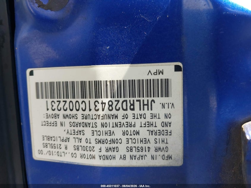 2001 Honda Cr-v VIN JHLRD28431C002231 IAAI salvage auction — BIO HAZARD, Salvage (California), sold $700 on 2026-07-08 (photo 9)