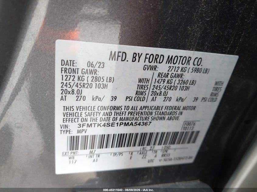 2023 Ford Mustang mach-e VIN 3FMTK4SE1PMA54367 IAAI salvage auction — FRONT END, Salvage Title, sold $8,000 on 2026-07-15 (photo 9)