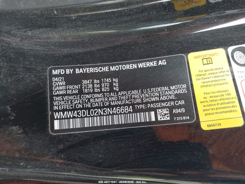2022 Mini Convertible VIN WMW43DL02N3N46684 IAAI salvage auction — SIDE, Salvage Title, sold $4,050 on 2026-07-24 (photo 9)