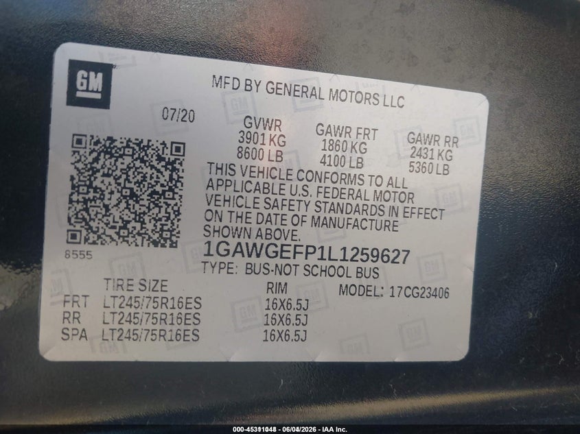2020 Chevrolet Express 2500 VIN 1GAWGEFP1L1259627 IAAI salvage auction — NORMAL WEAR, Sf97 (Vermont), sold $16,200 on 2026-07-31 (photo 9)