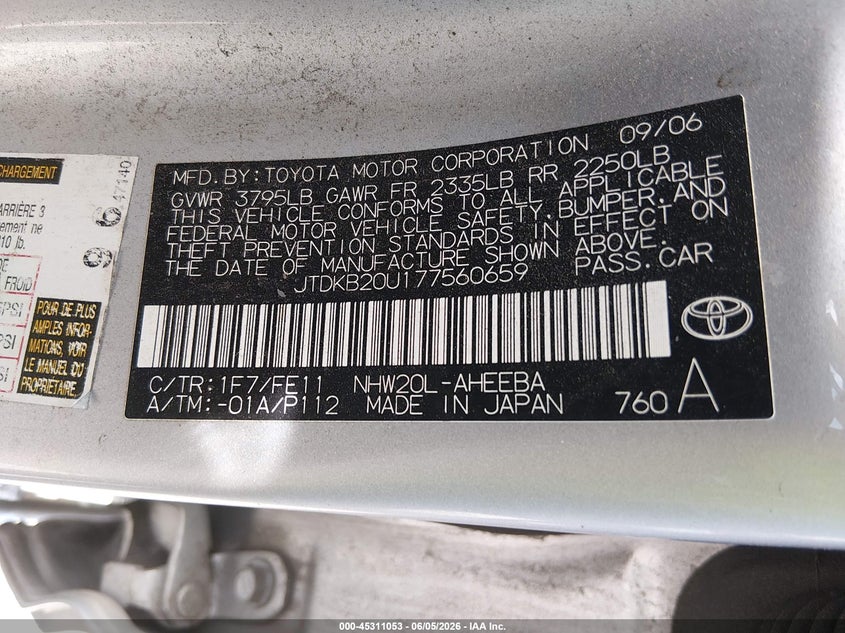 2007 Toyota Prius VIN JTDKB20U177560659 IAAI salvage auction — RIGHT SIDE, Salvage (Colorado), sold $775 on 2026-07-07 (photo 9)
