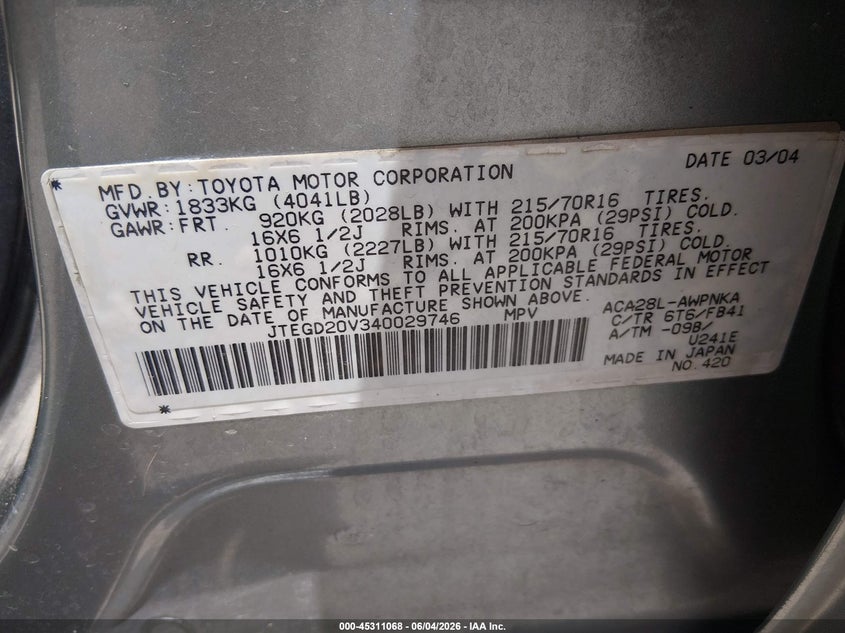 2004 Toyota Rav 4 VIN JTEGD20V340029746 IAAI salvage auction — NORMAL WEAR, Clear (New Mexico), sold $750 on 2026-07-20 (photo 9)