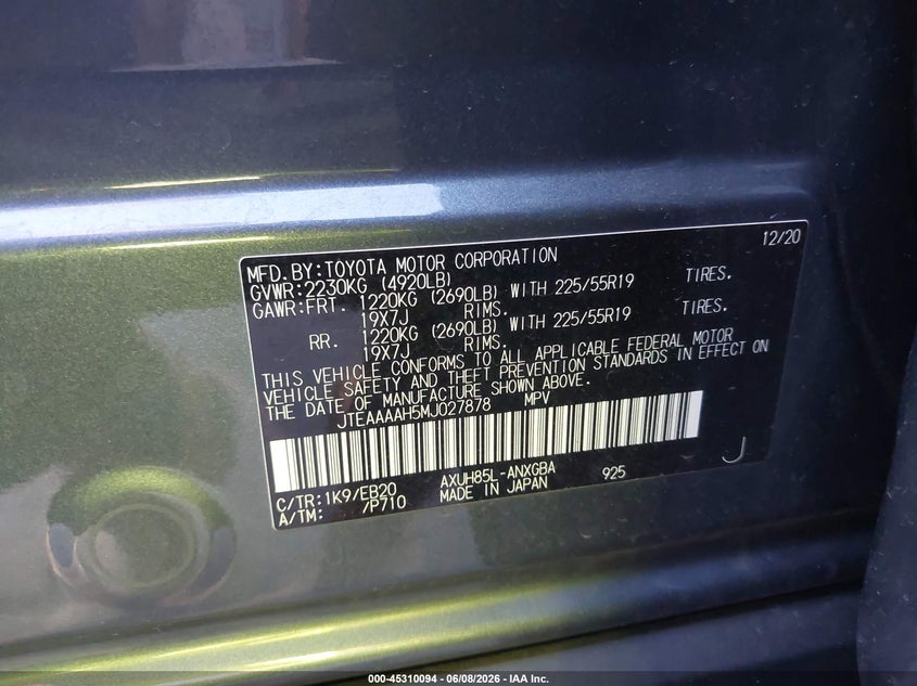 2021 Toyota Venza VIN JTEAAAAH5MJ027878 IAAI salvage auction — FRONT END, Salvage Title, sold $6,550 on 2026-07-28 (photo 9)