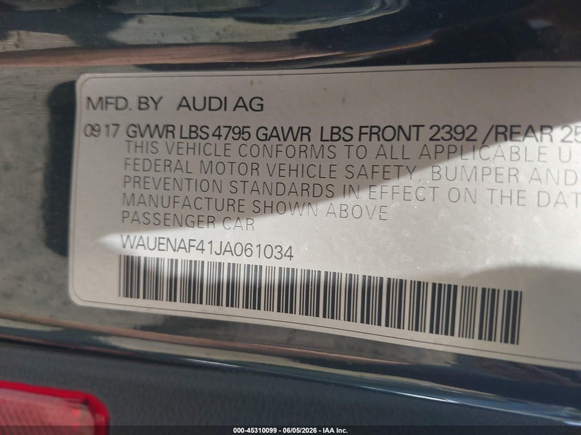 2018 Audi A4 VIN WAUENAF41JA061034 IAAI salvage auction — FRONT END, Salvage (Vermont), sold $6,325 on 2026-07-28 (photo 9)