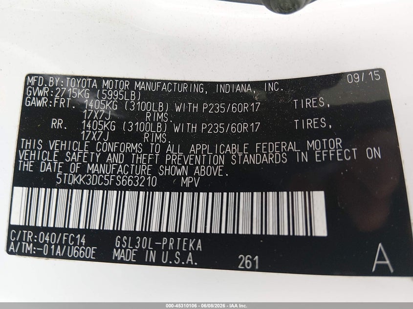 2015 Toyota Sienna VIN 5TDKK3DC5FS663210 IAAI salvage auction — LEFT FRONT, Salvage Title, sold $3,750 on 2026-07-16 (photo 9)