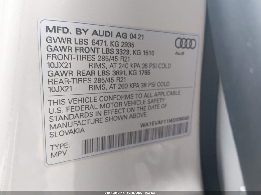 2021 Audi Q8 VIN WA1EVAF11MD036043 IAAI salvage auction — FRONT END, Wait Title, sold $13,800 on 2026-09-05 (photo 9)