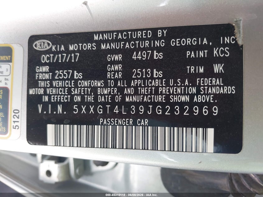 2018 Kia Optima VIN 5XXGT4L39JG232969 IAAI salvage auction — LEFT FRONT, Salvage Title, sold $2,050 on 2026-07-25 (photo 9)