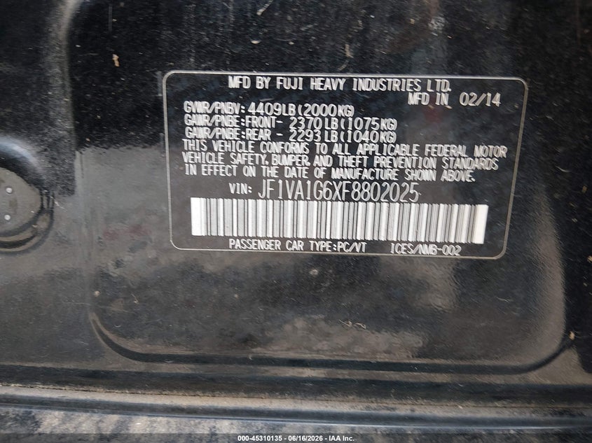 2015 Subaru Wrx VIN JF1VA1G6XF8802025 IAAI salvage auction — LEFT FRONT, Clear (Arkansas), sold $3,200 on 2026-07-23 (photo 9)