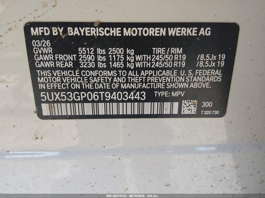 2026 BMW X3 VIN 5UX53GP06T9403443 IAAI salvage auction — LEFT FRONT, Salvage (Arkansas), sold $9,200 on 2026-07-27 (photo 9)