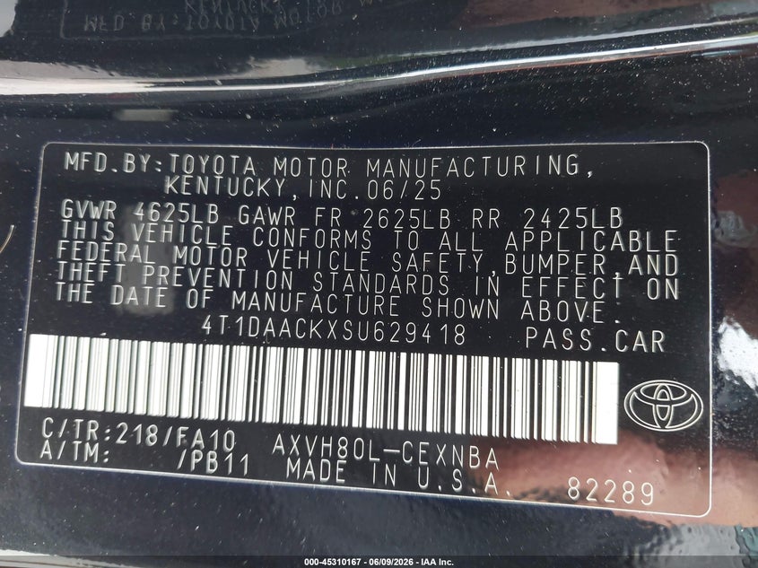 2025 Toyota Camry VIN 4T1DAACKXSU629418 IAAI salvage auction — RIGHT REAR, Rebuildable (Florida), sold $12,250 on 2026-07-25 (photo 9)