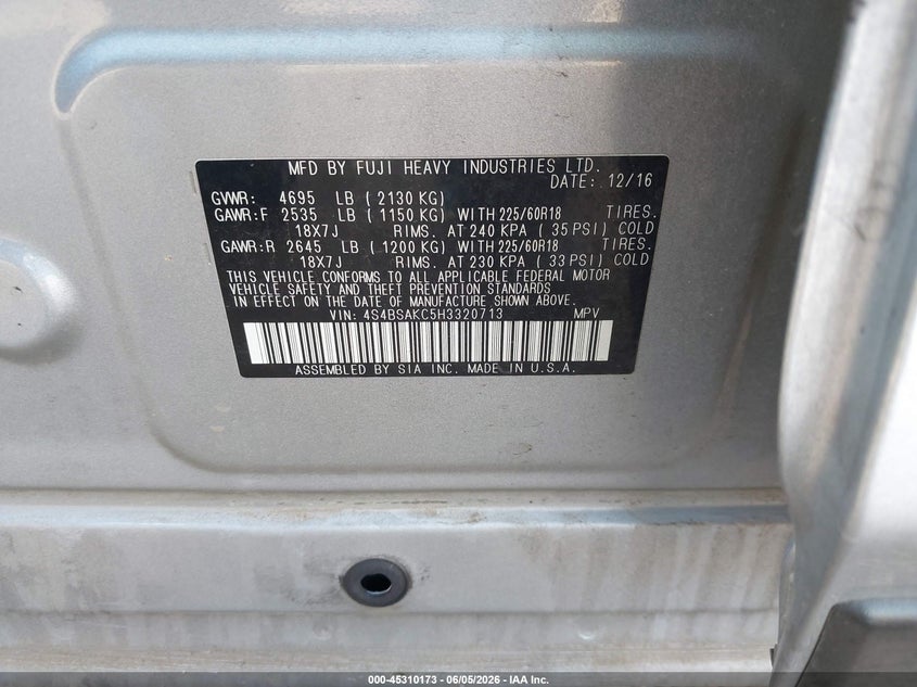 2017 Subaru Outback VIN 4S4BSAKC5H3320713 IAAI salvage auction — SIDE, Original (Texas), sold $5,100 on 2026-07-05 (photo 9)