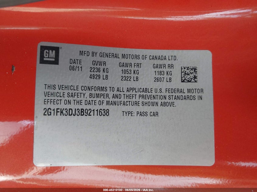 2011 Chevrolet Camaro VIN 2G1FK3DJ3B9211638 IAAI salvage auction — FRONT & REAR, Salvage (Georgia), sold $3,750 on 2026-07-09 (photo 9)