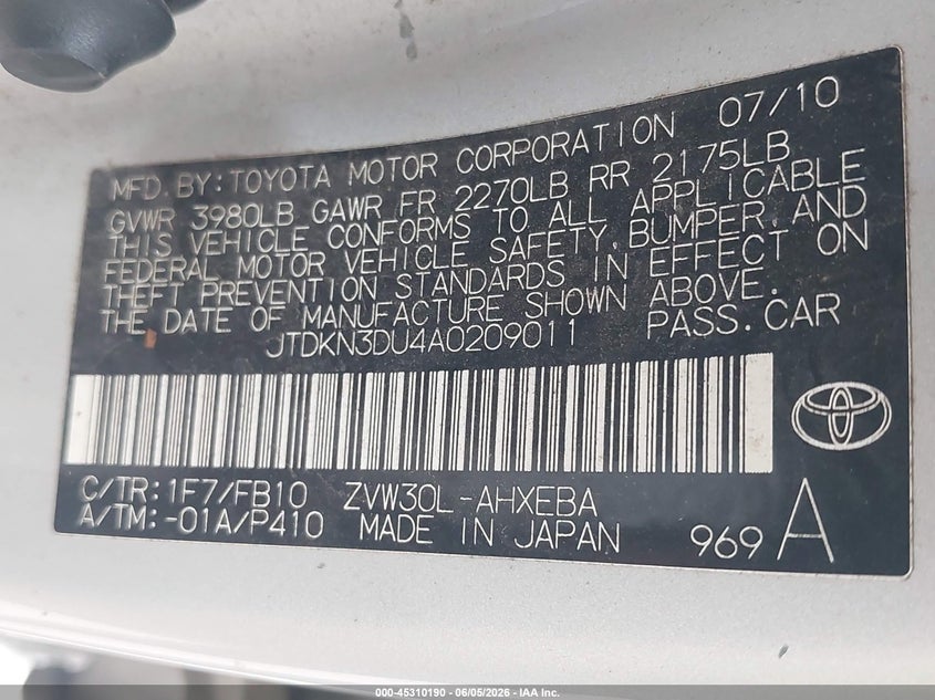 2010 Toyota Prius VIN JTDKN3DU4A0209011 IAAI salvage auction — NORMAL WEAR, Original (Texas), sold $1,375 on 2026-07-21 (photo 9)