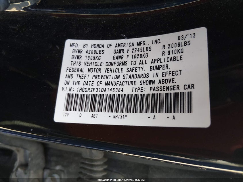 2013 Honda Accord VIN 1HGCR2F31DA146084 IAAI salvage auction — LEFT FRONT, Clear (Indiana), sold $1,500 on 2026-07-29 (photo 9)