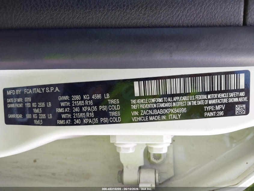 2019 Jeep Renegade VIN ZACNJBAB0KPK84996 IAAI salvage auction — RIGHT FRONT, Salvage (Maine), sold $1,025 on 2026-07-20 (photo 9)