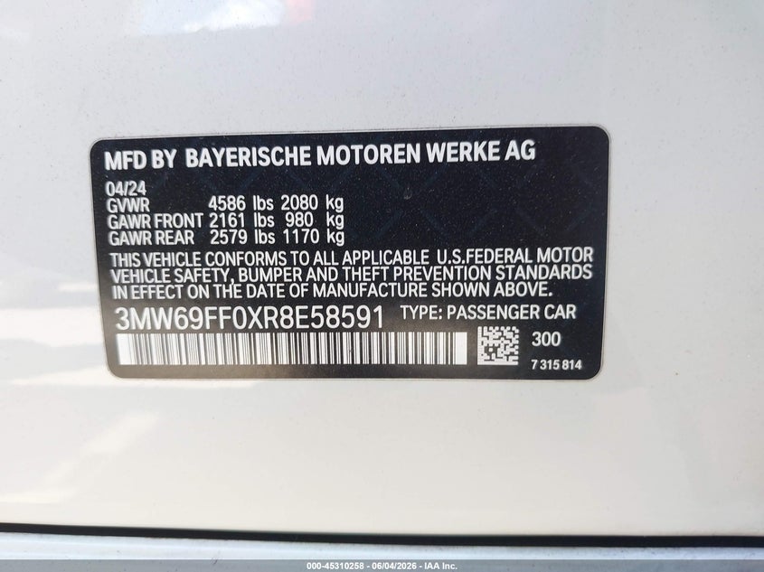 2024 BMW 3er VIN 3MW69FF0XR8E58591 IAAI salvage auction — REAR END, Wait Title, sold $8,200 on 2026-08-01 (photo 9)