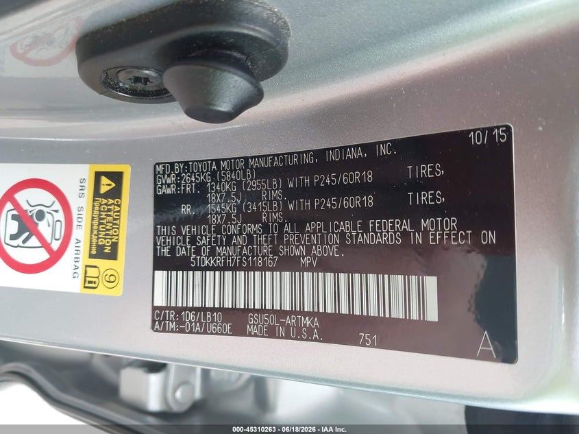 2015 Toyota Highlander VIN 5TDKKRFH7FS118167 IAAI salvage auction — RIGHT SIDE, Salvage (Tennessee), sold $6,650 on 2026-07-23 (photo 9)