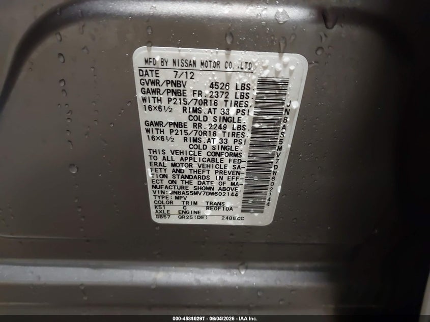 2013 Nissan Rogue VIN JN8AS5MV7DW602144 IAAI salvage auction — REAR END, Salvage Title, sold $500 on 2026-07-16 (photo 9)