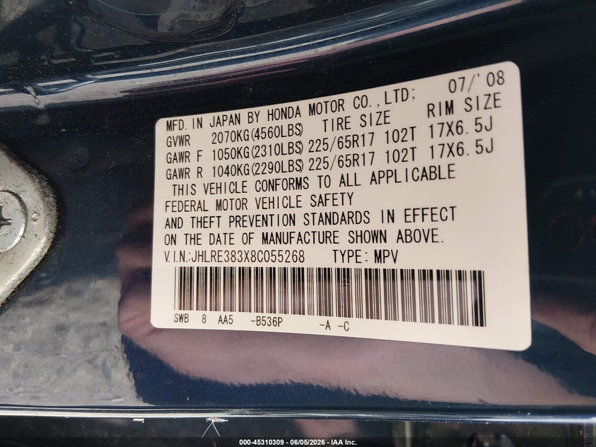 2008 Honda Cr-v VIN JHLRE383X8C055268 IAAI salvage auction — LEFT SIDE, Clear (Arkansas), sold $1,300 on 2026-07-30 (photo 9)