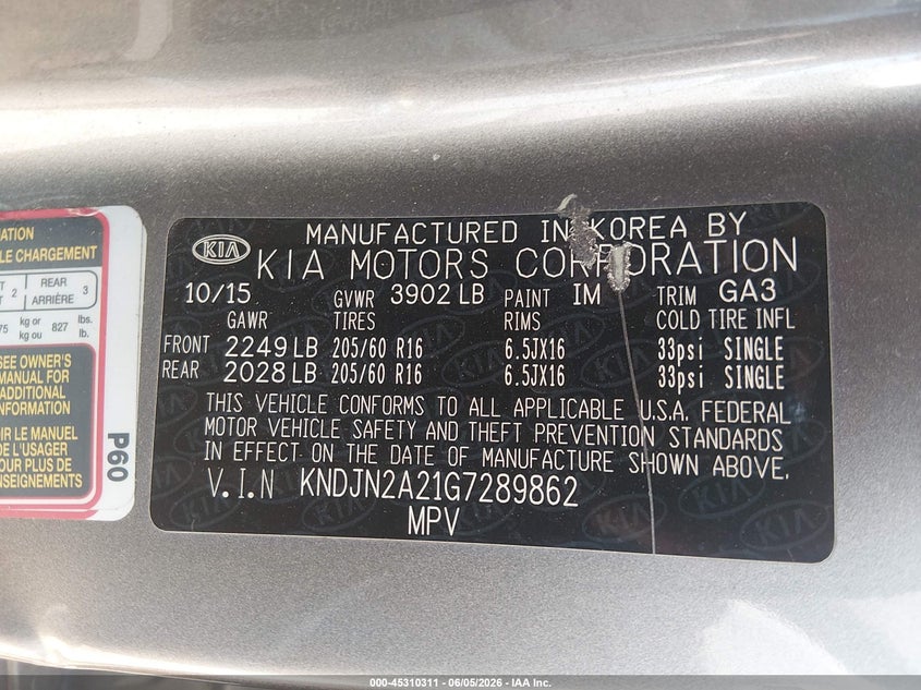 2016 Kia Soul VIN KNDJN2A21G7289862 IAAI salvage auction — REAR END, Salvage Title, sold $600 on 2026-07-22 (photo 9)