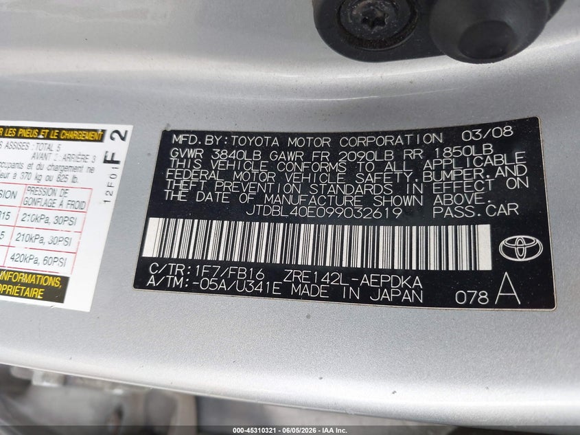 2009 Toyota Corolla VIN JTDBL40E099032619 IAAI salvage auction — LEFT REAR, Original (Texas), sold $1,475 on 2026-07-21 (photo 9)